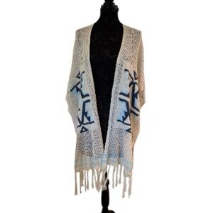NWT Raga Front Open Cardigan Eggshell & Blue Fringe Sweater